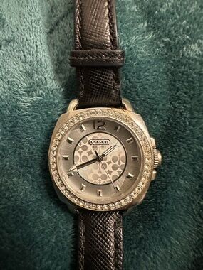 Coach Silver-Tone Crystal Bezel Watch with Black Leather Strap